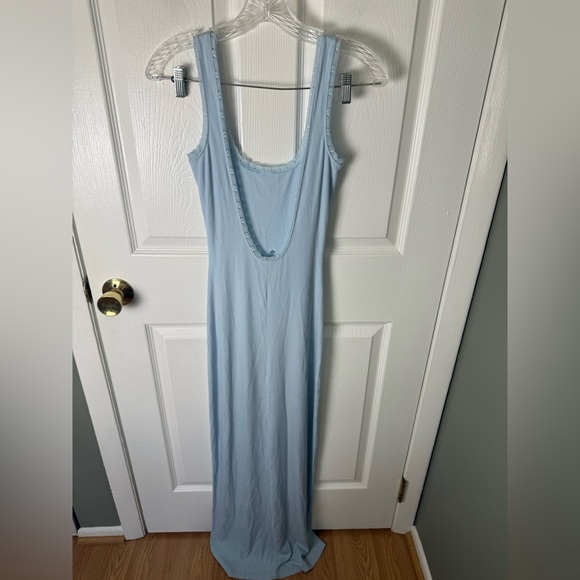 Skims Soft Lounge Lace Scoop Neck Long Dress in Celeste Blue - Picture 7 of 8